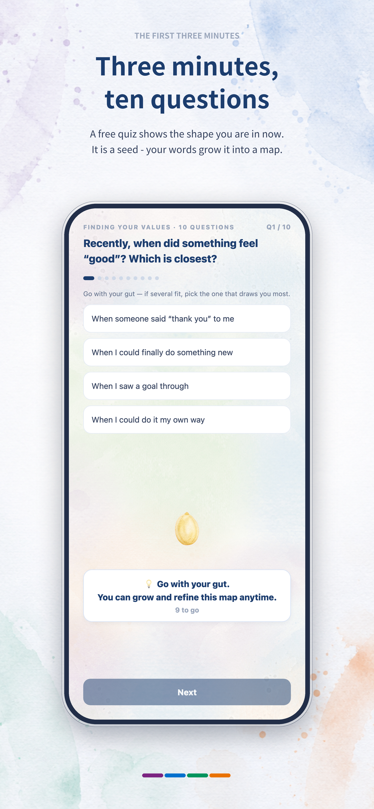 Values quiz screen in Notes that talk with you