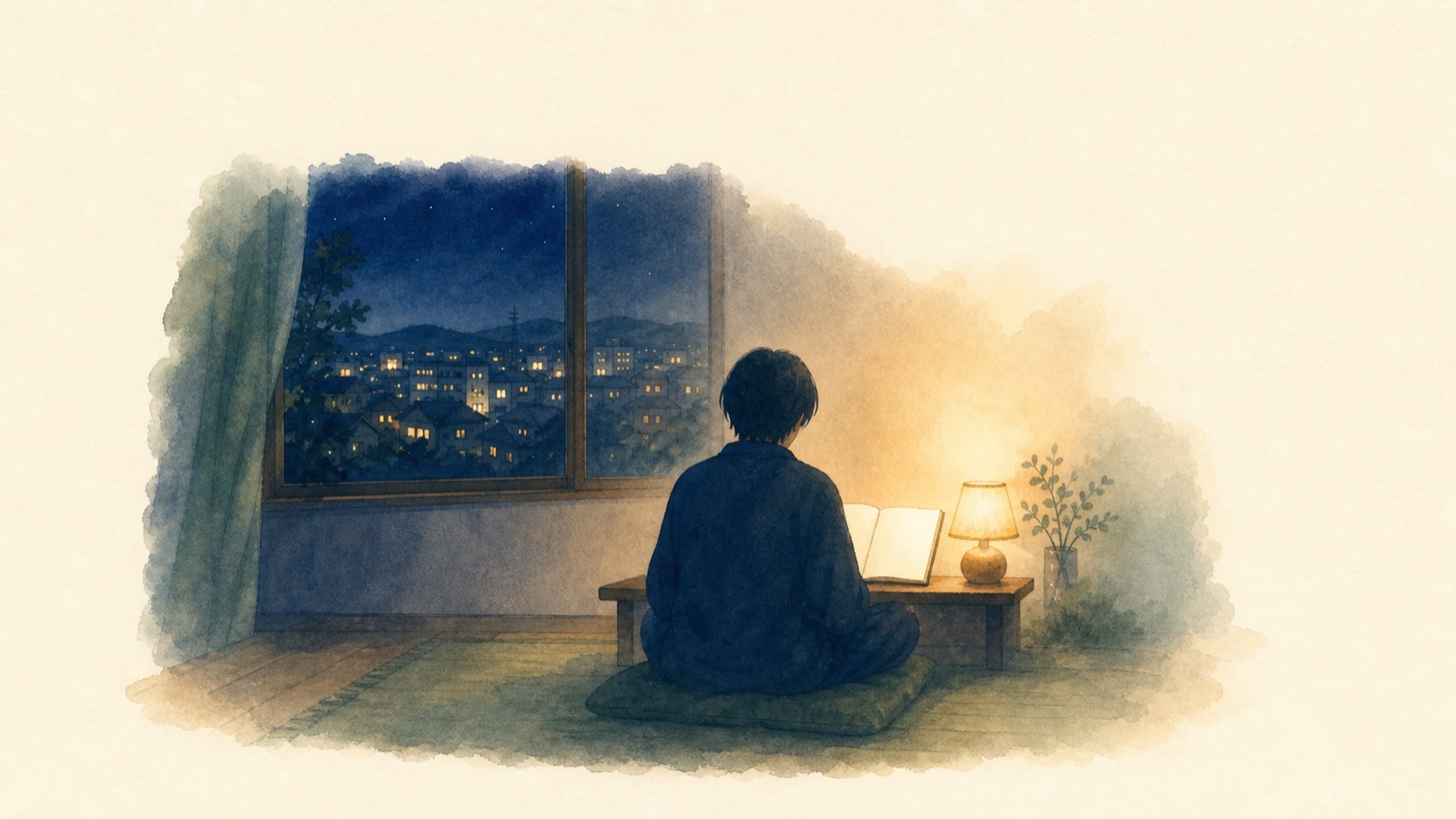 夜、ひとりでノートを開いている様子
