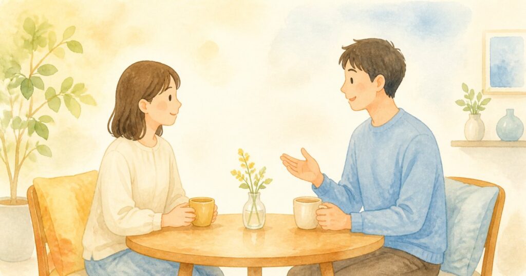 テーブルで向かい合って穏やかに話すカップルの水彩イラスト