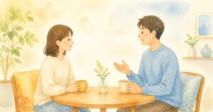テーブルで向かい合って穏やかに話すカップルの水彩イラスト