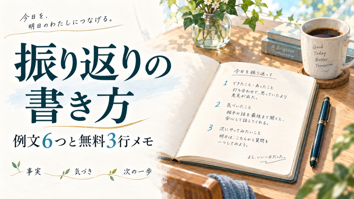 振り返りの書き方。例文6つと無料3行メモ。事実・気づき・次の一歩をノートに書く。