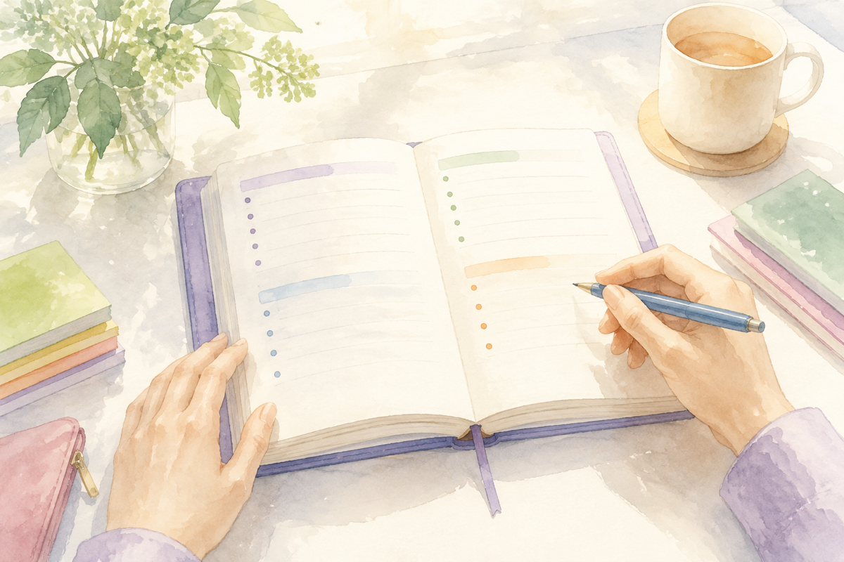 手帳に「面談メモ」と書かれたページを開き、いくつかの箇条書きが並んでいる手元のイラスト