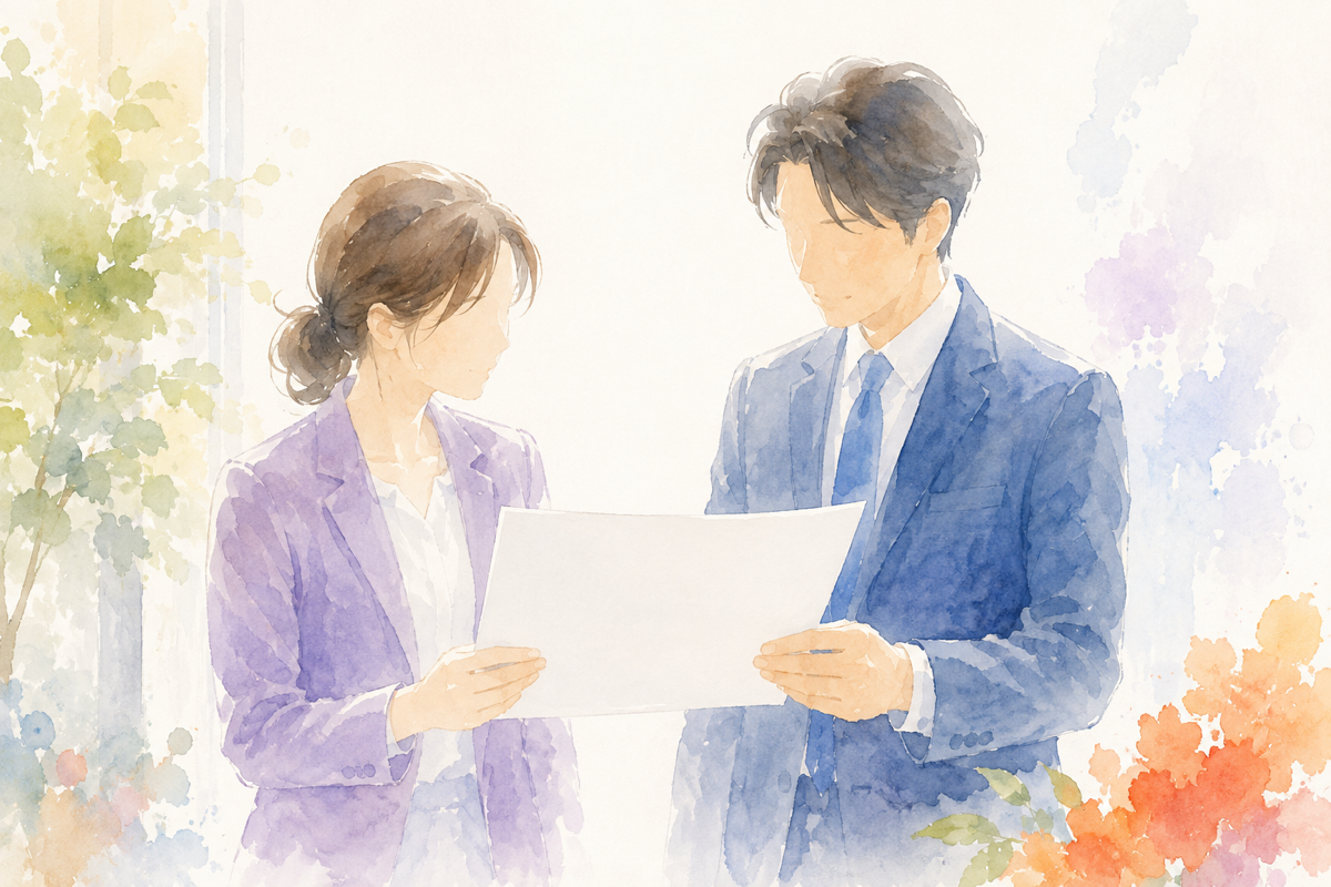 質問リストを見ながら、面談の相手と穏やかにうなずき合っている場面のイラスト