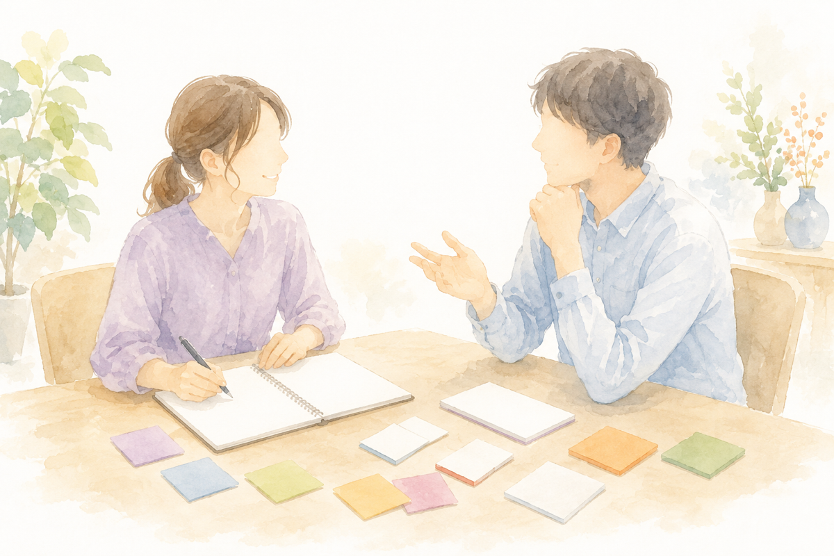 ノートに「今期の目標」と書き込みながら、穏やかな表情で話し合う2人。付箋やメモが机に置かれている情景