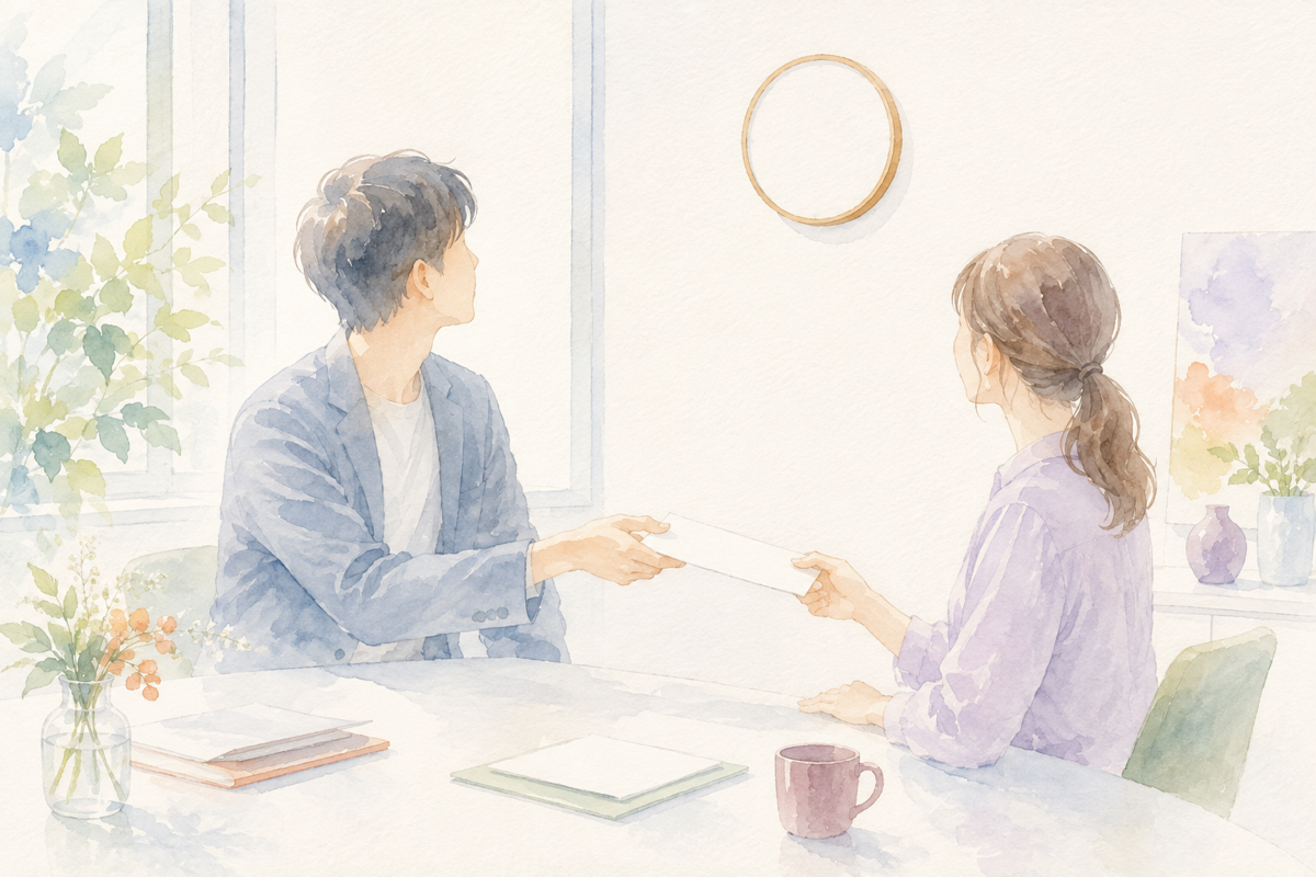 会議室の時計を気にしながら、数字だけが書かれたメモを渡す上司と、それを黙って受け取る部下の対照的な様子