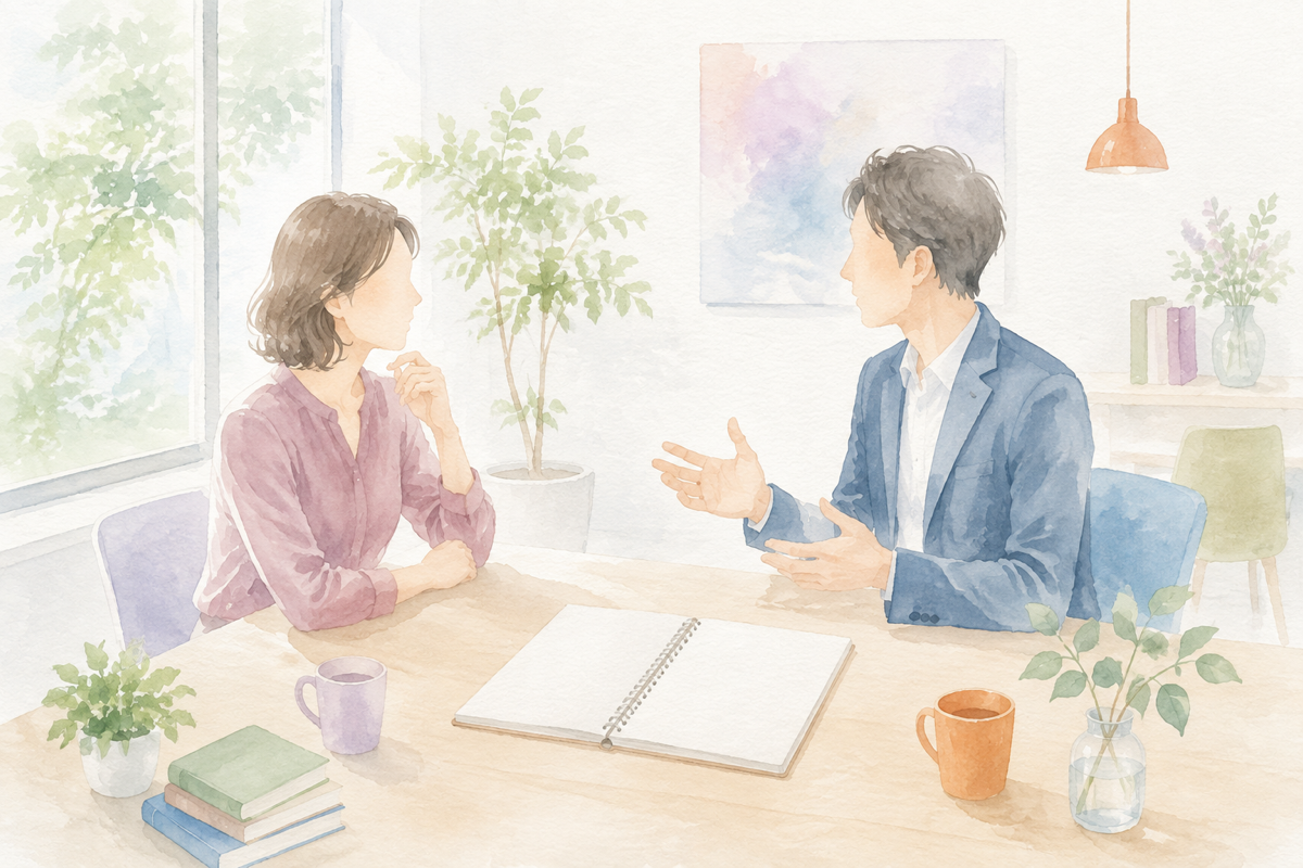 A one-on-one at a desk, a notebook open between a manager and a team member