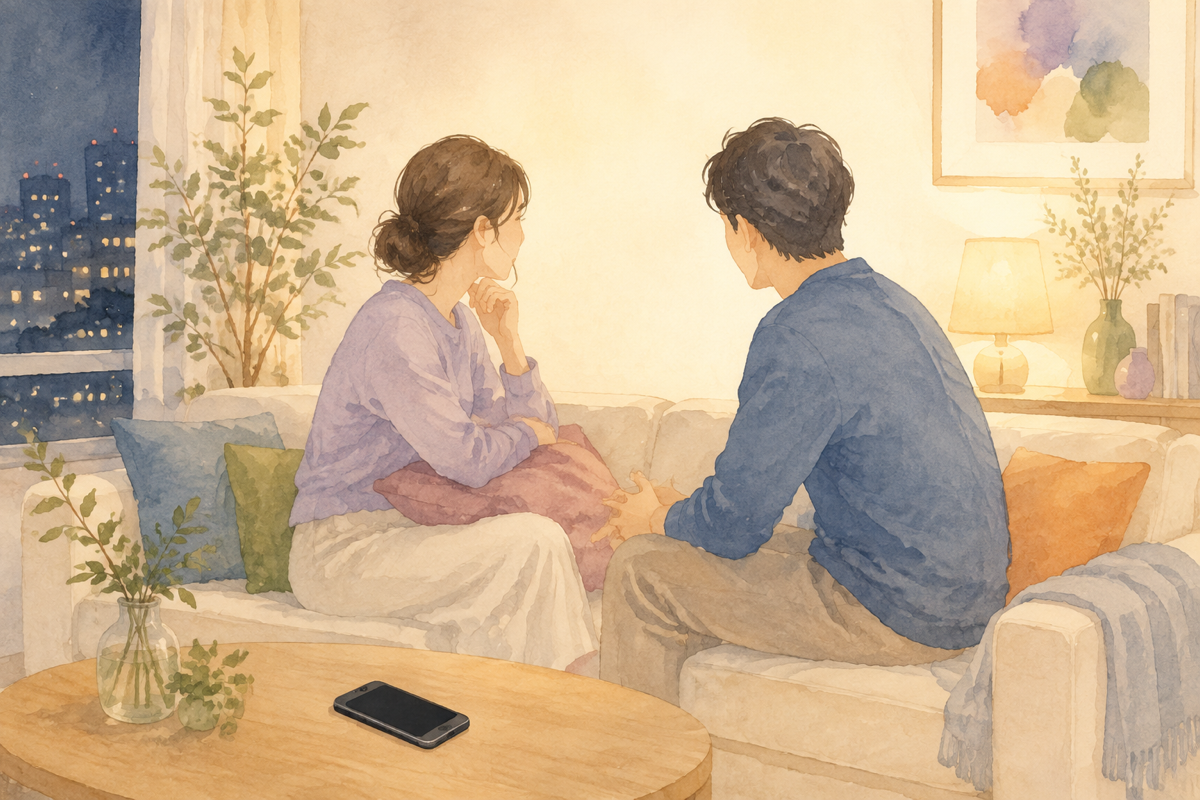 夜のリビングで2人がソファに座り、スマホを置いて向き合って話している温かい雰囲気のイラスト
