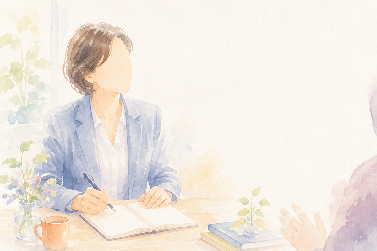 ノートに質問リストのメモを取りながら、相手の話にうなずくメンター役の人物