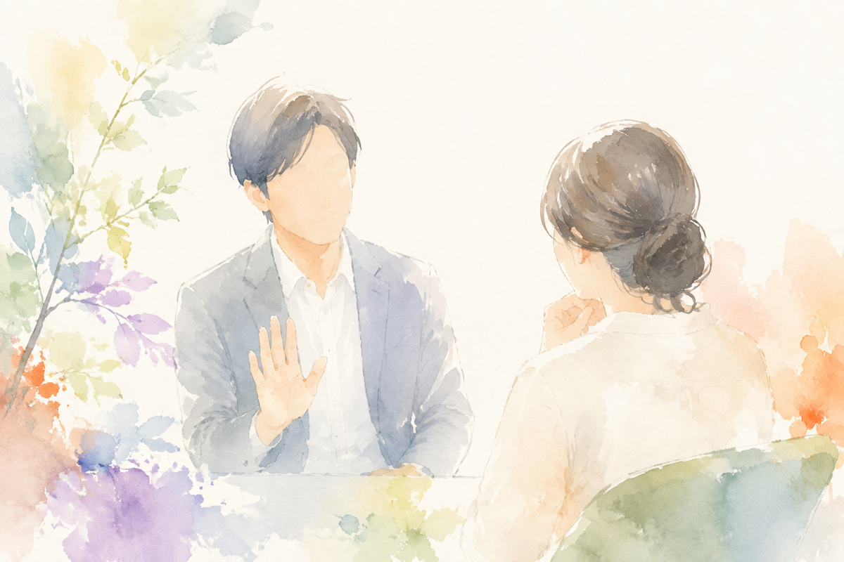 手を軽く挙げて「そこは聞かないでおくね」と伝えるジェスチャーをするメンター役の人物