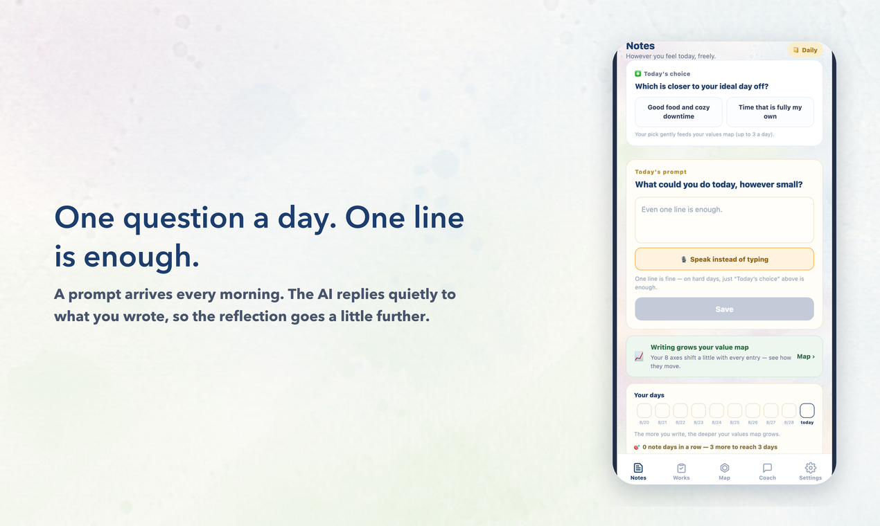 A bright, warm screenshot of the app: a single daily journal prompt on a phone screen, soft cream and light blue background, calm morning light.
