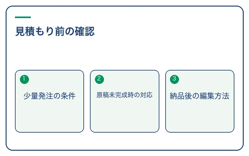 見積もり前の確認。少量発注の条件、原稿未完成時の対応、納品後の編集方法