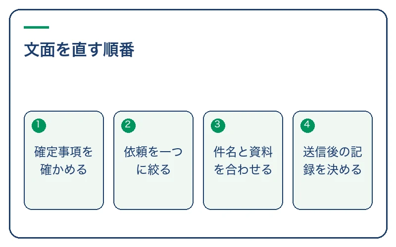 文面を直す順番。確定事項を確かめる、依頼を一つに絞る、件名と資料を合わせる、送信後の記録を決める