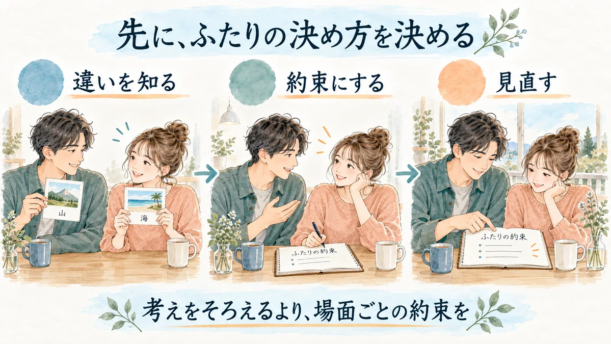 2人の考えが違う場面で、どう決めるかを先に話し合う。