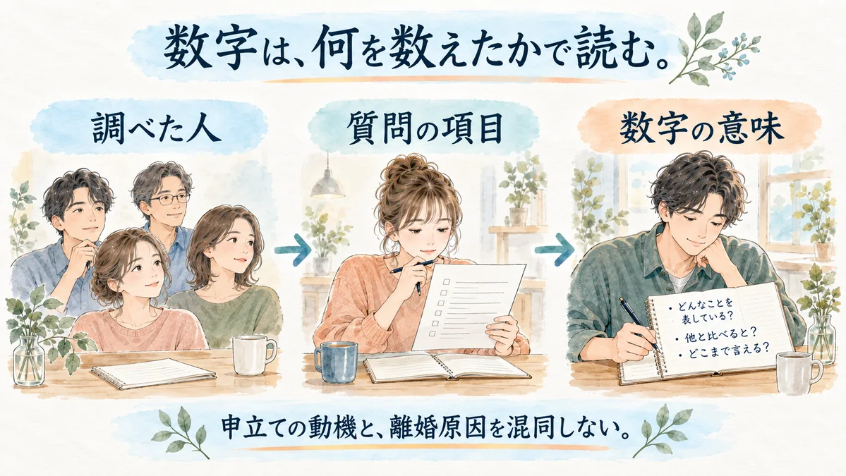 司法統計の「申立ての動機」を「離婚原因」と読み替えない。存在しない区分に割合を付けない。