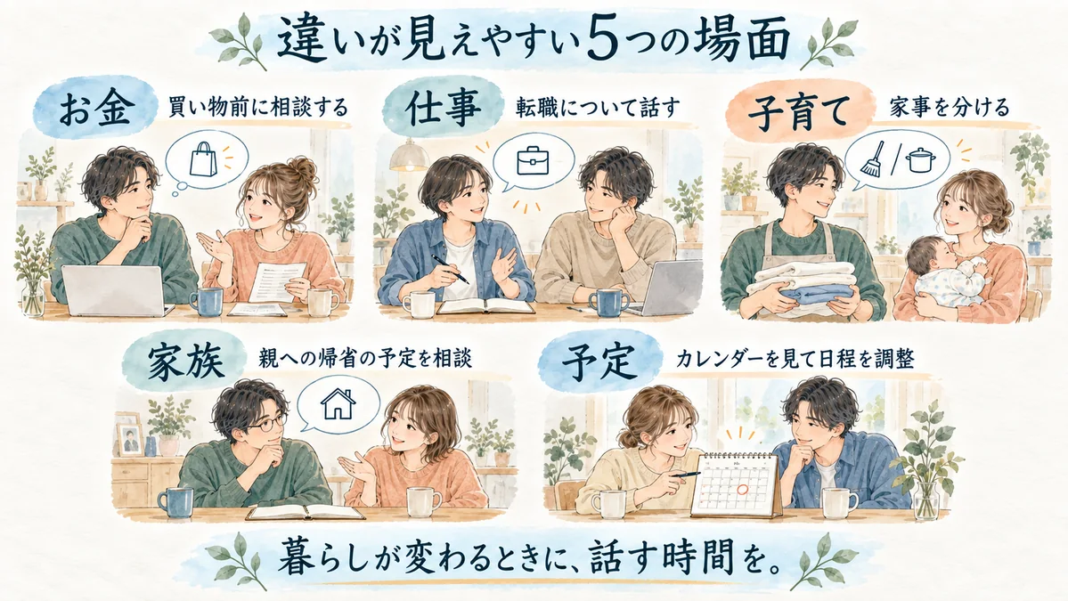 お金、仕事、子育て、親との関わり、予定の重なりで、価値観の違いが表に出やすい。