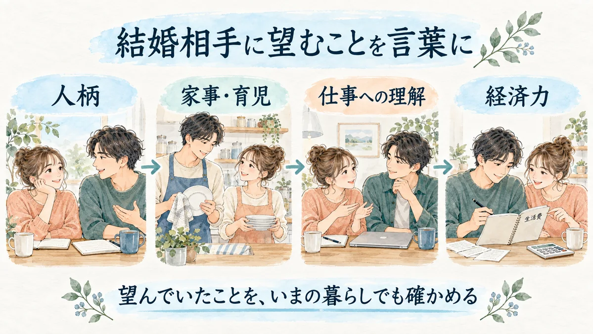 結婚相手に重視した項目を、人柄・家事育児・仕事への理解・経済力で整理する。