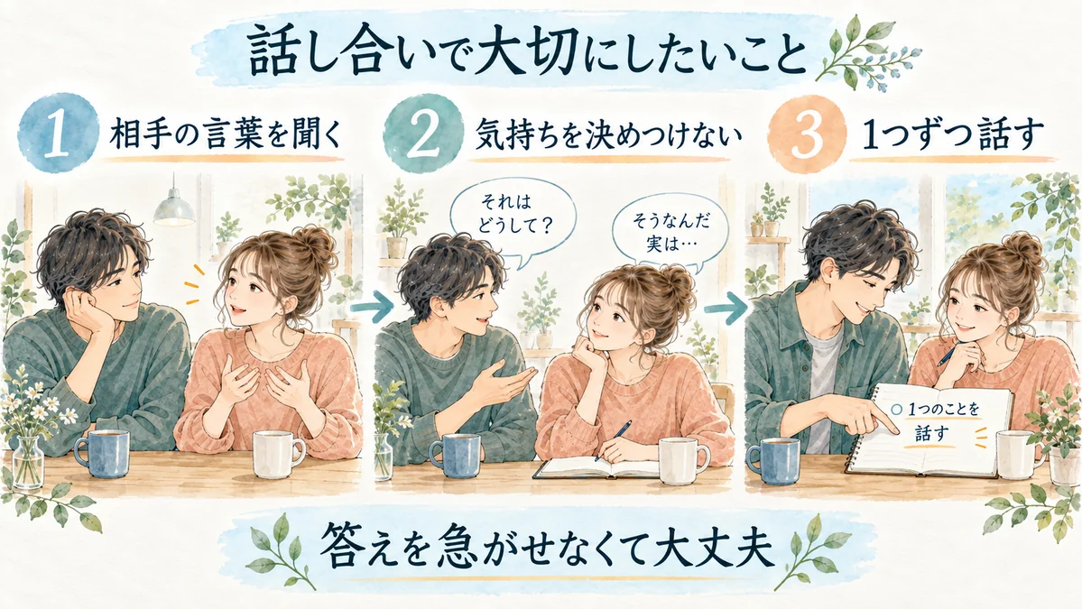相手の言葉を聞き、気持ちを決めつけず、一度に1つのことから決める。