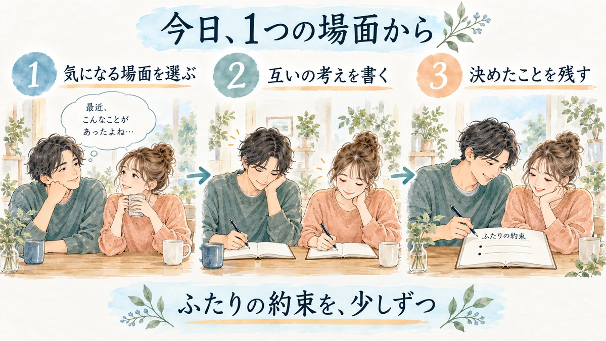 気になる場面を1つ選び、お互いの考えと決めたことをシートに残す。