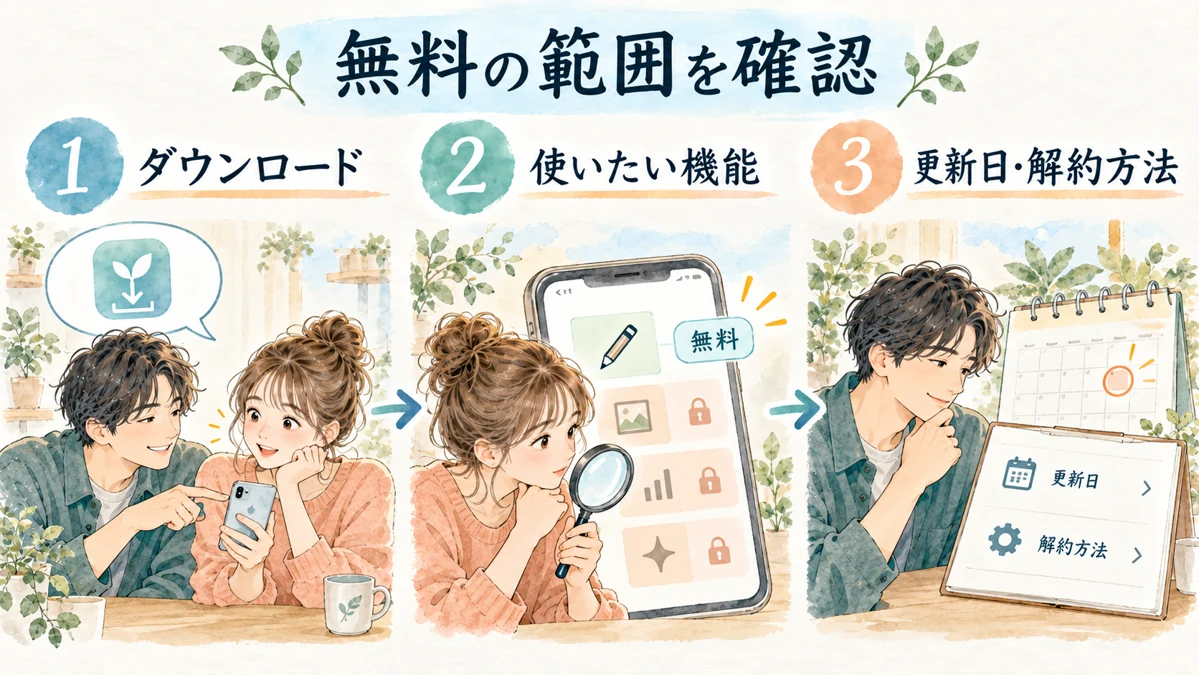 無料ダウンロード、利用機能、更新日と解約方法を分けて確認する