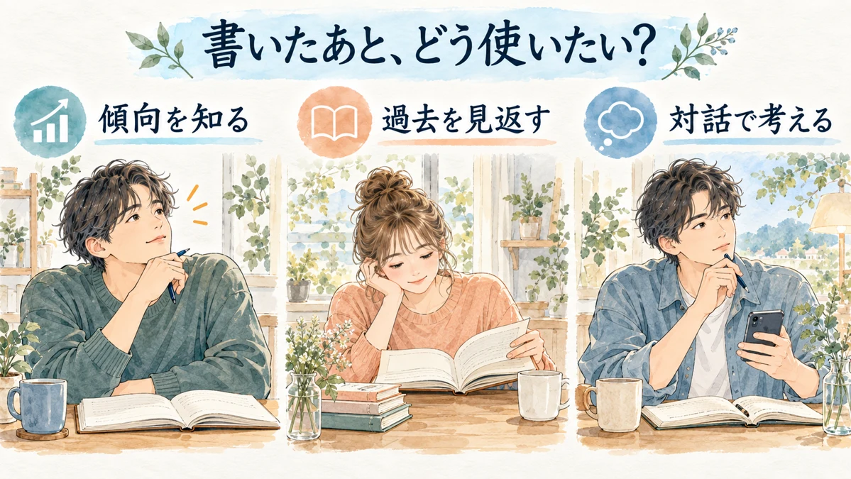 書いたあとの目的を、傾向の把握、過去の振り返り、対話に分ける