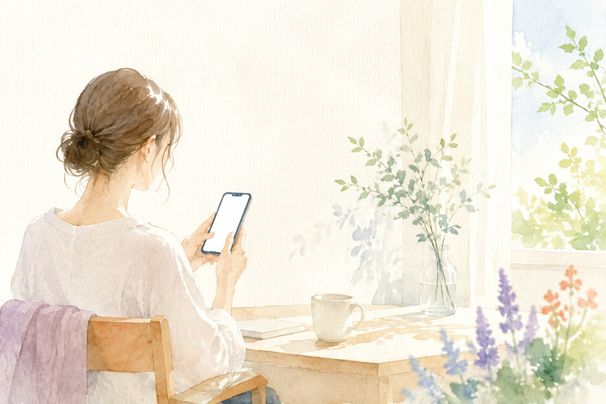 Someone sitting by a window at the end of the day, writing a thought into a phone journal