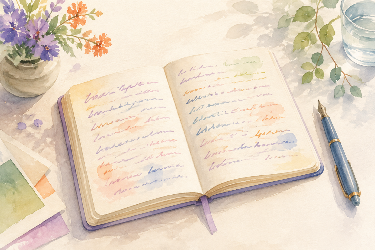 ノートに手書きで書かれた質問と答えのイメージ。文字は判読できない程度のラフな線で表現し、温かみのある水彩タッチ