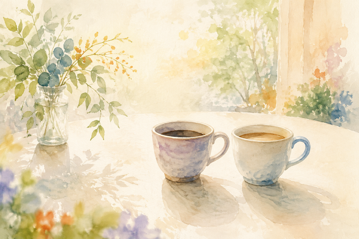 2つのコーヒーカップが並んだテーブル。会話の温かさを表す情景。柔らかい色調