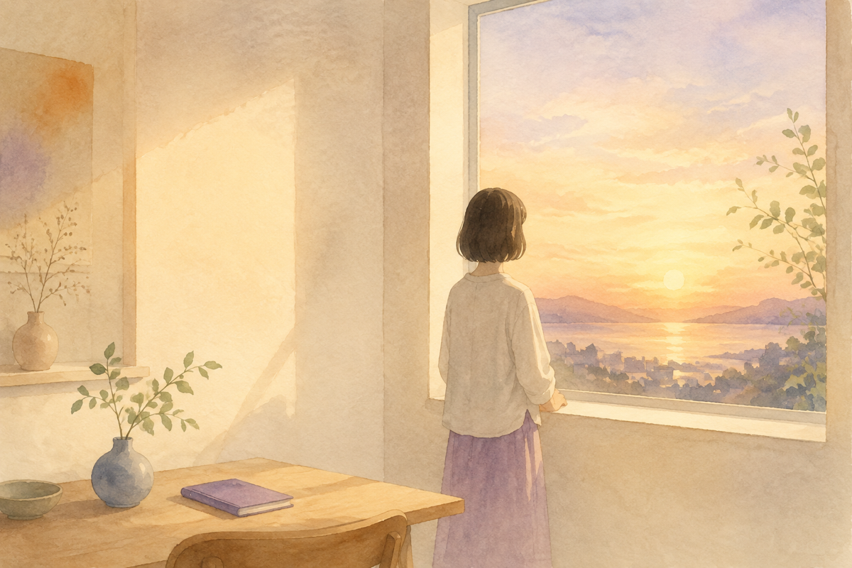 夕暮れの部屋で、ノートを閉じて窓の外を見つめる人。穏やかで満たされた表情。温かい光の色調