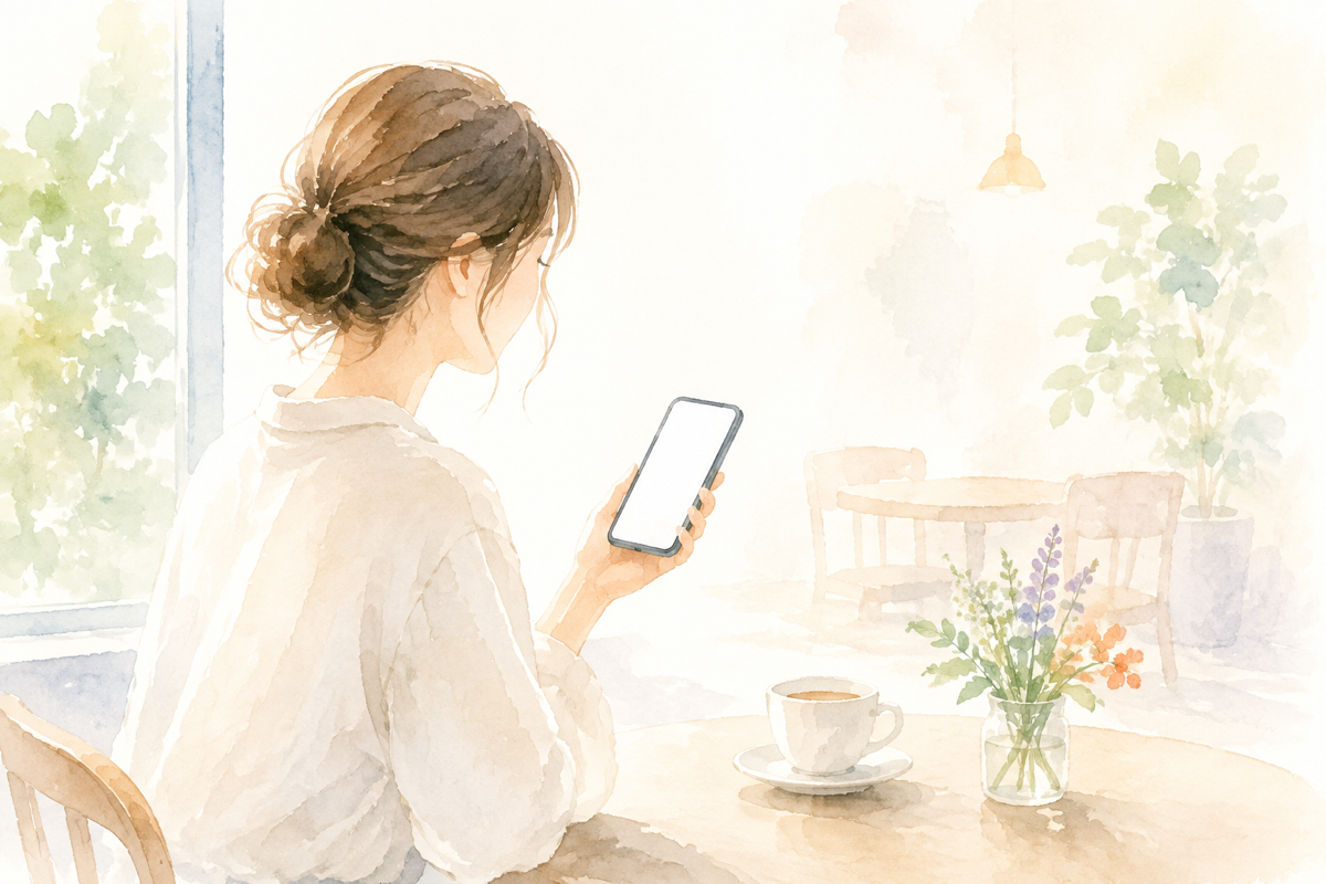 カフェのテーブルで、スマホの結果画面を見ながら微笑む人のイラスト。明るい色調