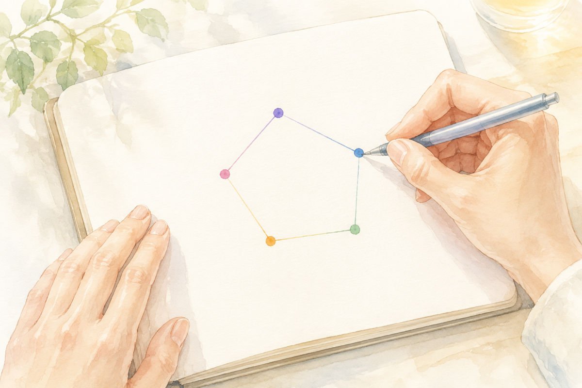ノートに手書きで24の強みのうち上位5つを書き出し、線でつないでいる手元のイラスト