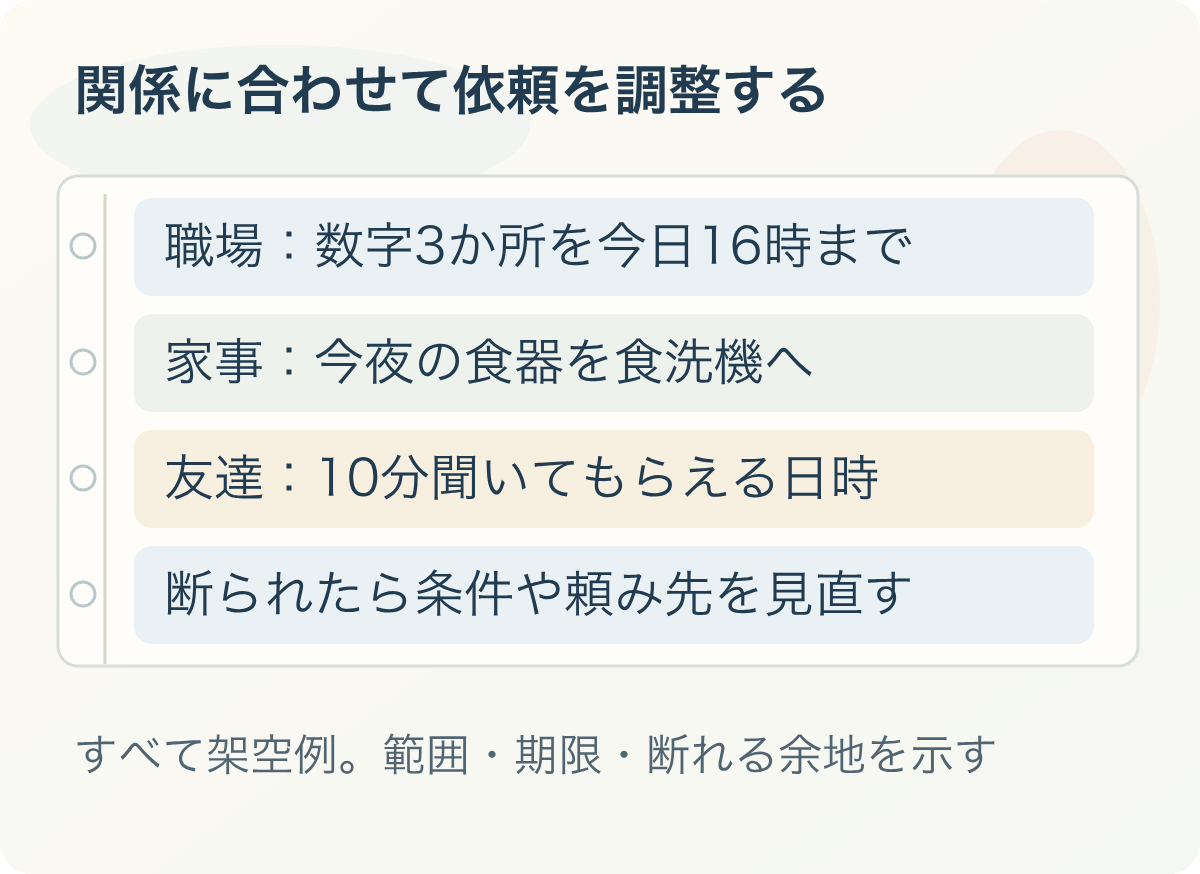 関係に合わせて依頼を調整する：職場：数字3か所を今日16時まで、家事：今夜の食器を食洗機へ、友達：10分聞いてもらえる日時、断られたら条件や頼み先を見直す。すべて架空例。範囲・期限・断れる余地を示す