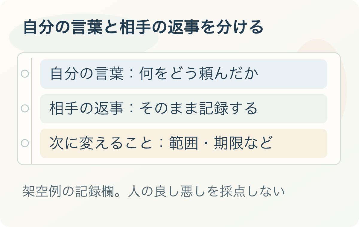 自分の言葉と相手の返事を分ける：自分の言葉：何をどう頼んだか、相手の返事：そのまま記録する、次に変えること：範囲・期限など。架空例の記録欄。人の良し悪しを採点しない