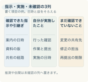 指示・実施・未確認の3列：確認できた指示や引継ぎ、自分が実施したこと、まだ確認できていないこと