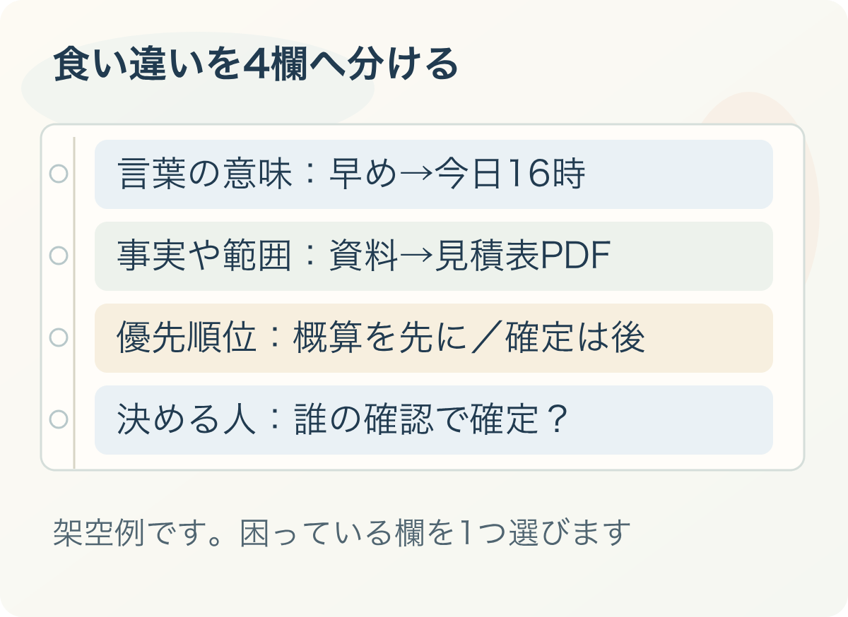 食い違いを4欄へ分ける:言葉の意味:早め→今日16時、事実や範囲:資料→見積表PDF、優先順位:概算を先に/確定は後、決める人:誰の確認で確定?