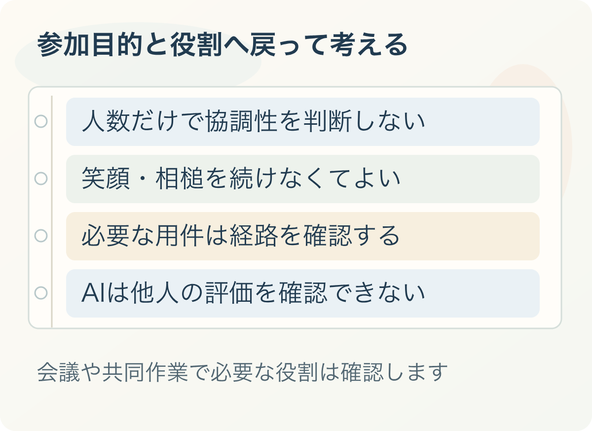 参加目的と役割へ戻って考える:人数だけで協調性を判断しない、笑顔・相槌を続けなくてよい、必要な用件は経路を確認する、AIは他人の評価を確認できない。会議や共同作業で必要な役割は確認します