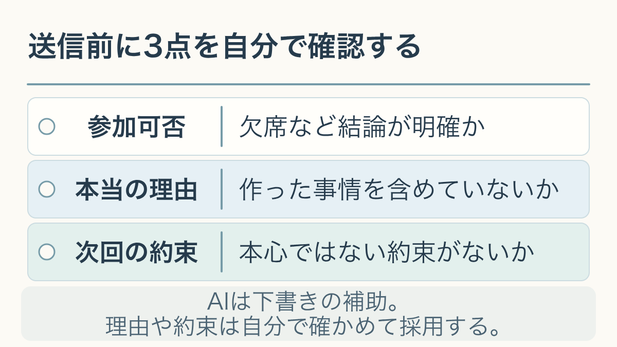 送信前に3点を自分で確認する。AIは下書きの補助。理由や約束は自分で確かめて採用する。