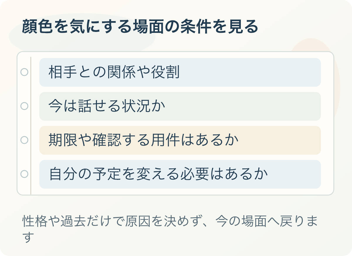 顔色を気にする場面の条件を見る:相手との関係や役割、今は話せる状況か、期限や確認する用件はあるか、自分の予定を変える必要はあるか
