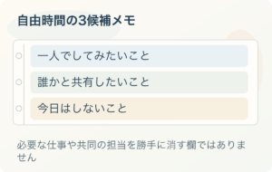 自由時間の3候補メモ：一人でしてみたいこと、誰かと共有したいこと、今日はしないこと