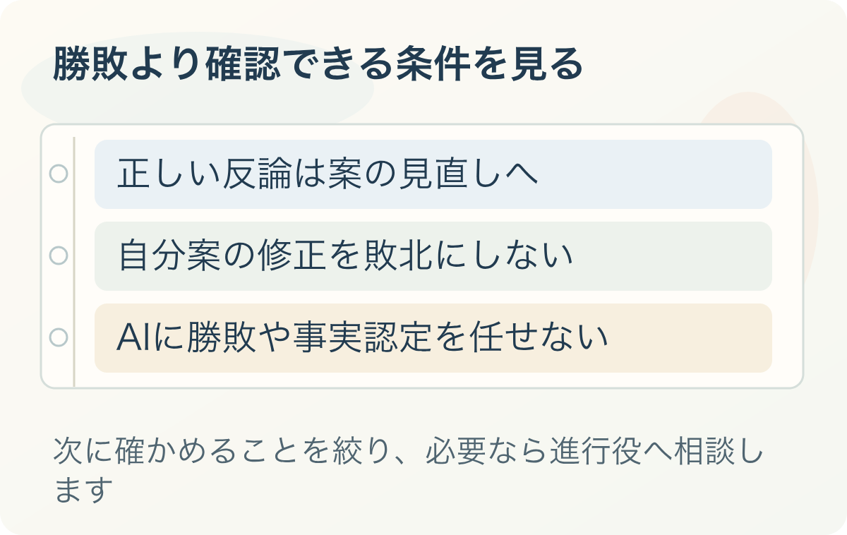 勝敗より確認できる条件を見る:正しい反論は案の見直しへ、自分案の修正を敗北にしない、AIに勝敗や事実認定を任せない
