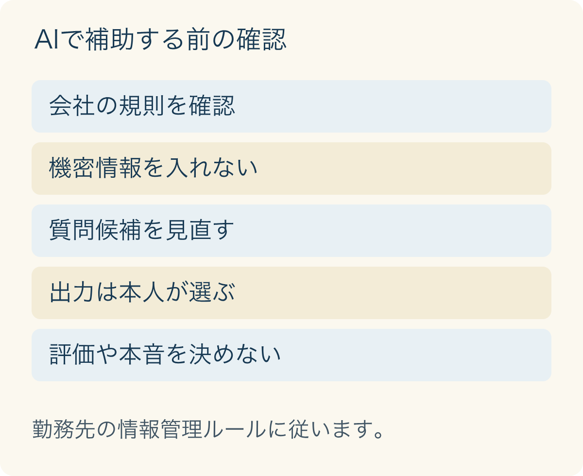 AIで補助する前の確認。勤務先の情報管理ルールに従います。