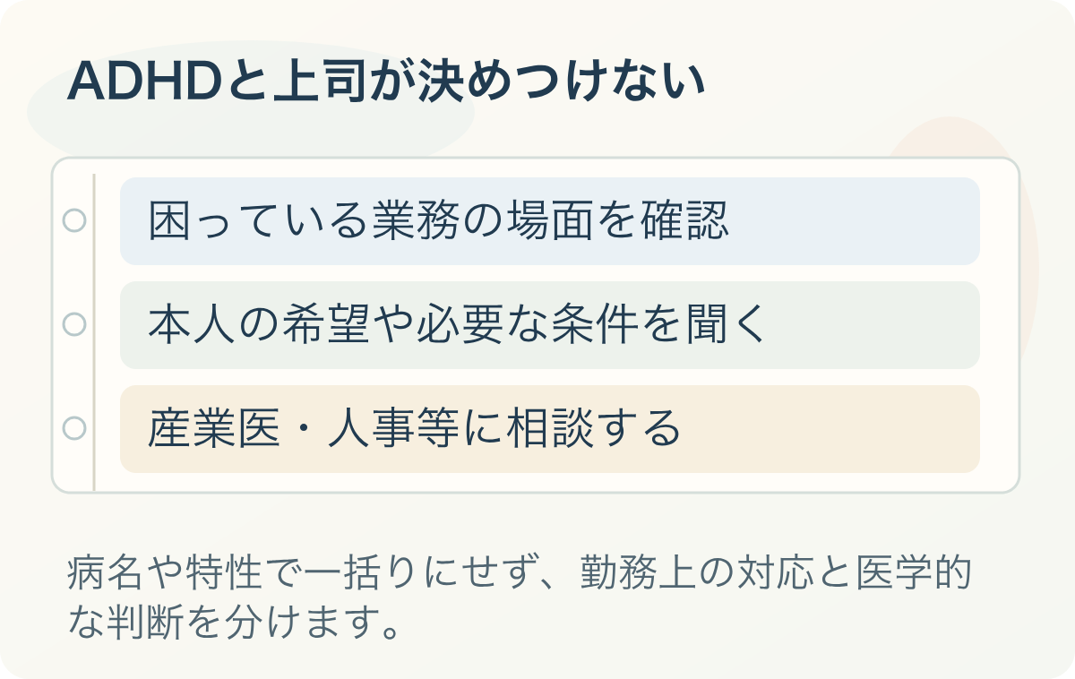 ADHDと上司が決めつけない。困っている業務の場面を確認、本人の希望や必要な条件を聞く、産業医・人事等に相談する