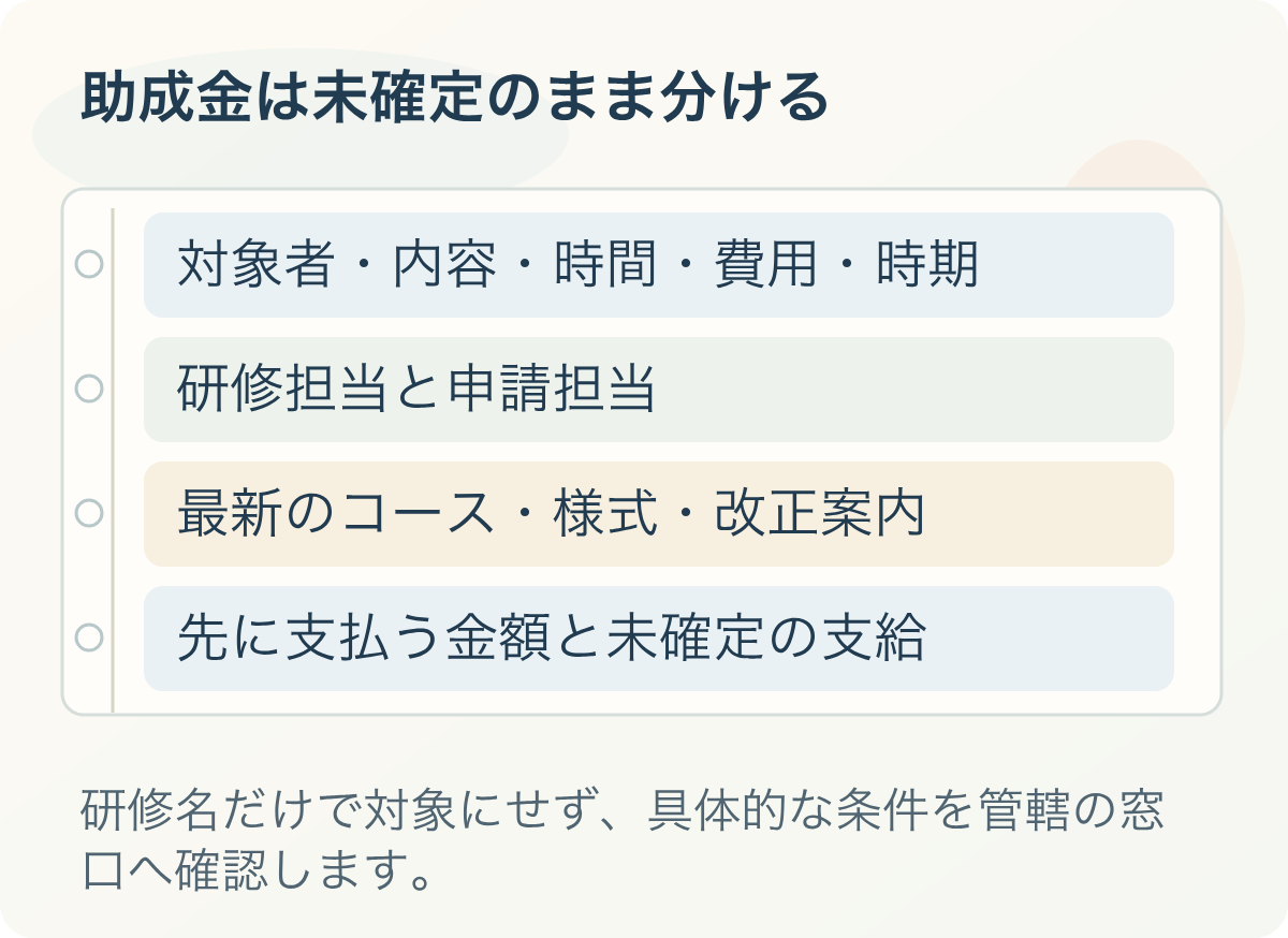 助成金は未確定のまま分ける。対象者・内容・時間・費用・時期、研修担当と申請担当、最新のコース・様式・改正案内、先に支払う金額と未確定の支給