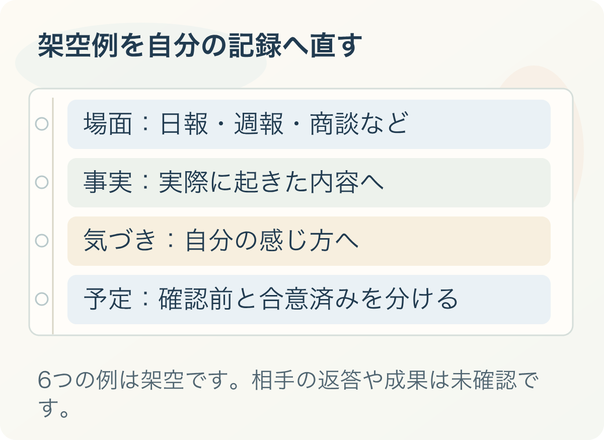 架空例を自分の記録へ直す。場面：日報・週報・商談など、事実：実際に起きた内容へ、気づき：自分の感じ方へ、予定：確認前と合意済みを分ける