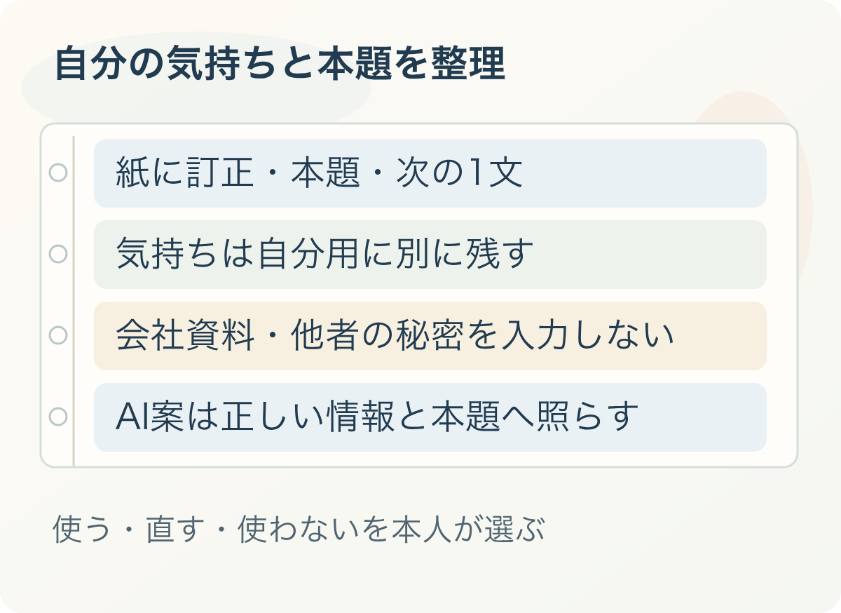 自分の気持ちと本題を整理：紙に訂正・本題・次の1文、気持ちは自分用に別に残す、会社資料・他者の秘密を入力しない、AI案は正しい情報と本題へ照らす。使う・直す・使わないを本人が選ぶ