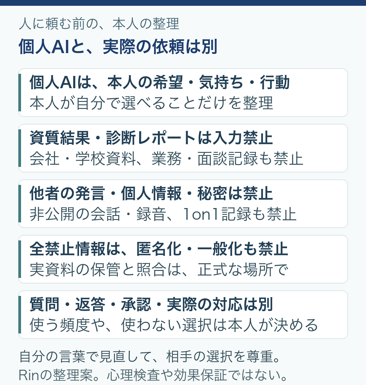 個人AIと、実際の依頼は別。個人AIは、本人の希望・気持ち・行動：本人が自分で選べることだけを整理。資質結果・診断レポートは入力禁止：会社・学校資料、業務・面談記録も禁止。他者の発言・個人情報・秘密は禁止：非公開の会話・録音、1on1記録も禁止。全禁止情報は、匿名化・一般化も禁止：実資料の保管と照合は、正式な場所で。質問・返答・承認・実際の対応は別：使う頻度や、使わない選択は本人が決める。自分の言葉で見直して、相手の選択を尊重。。Rinの整理案。心理検査や効果保証ではない。