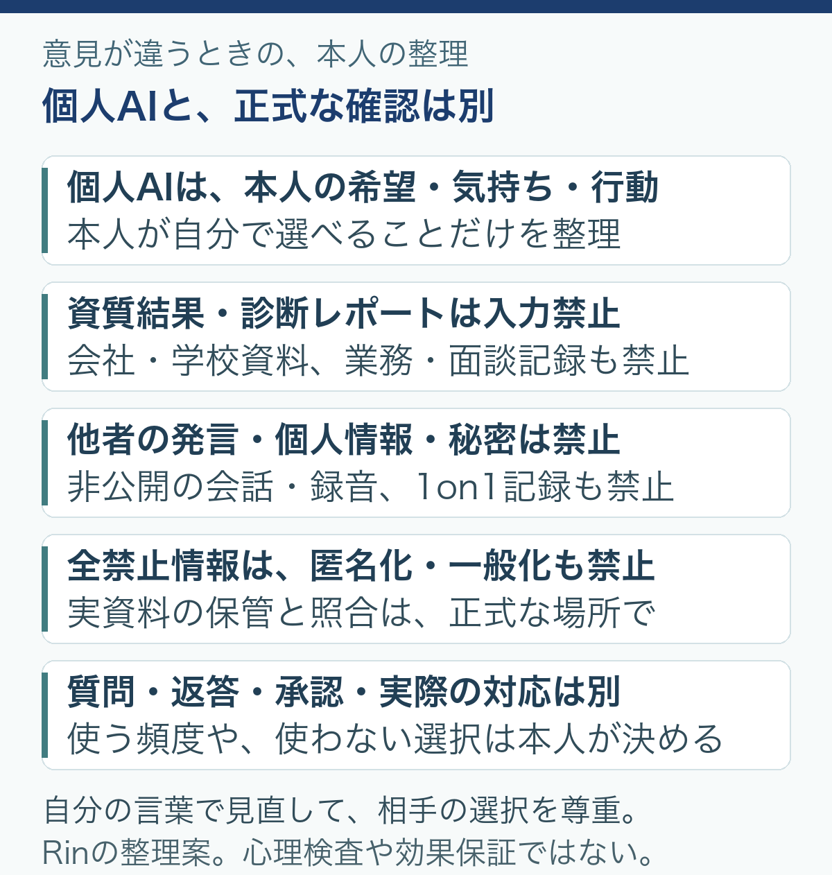 個人AIと、正式な確認は別。個人AIは、本人の希望・気持ち・行動:本人が自分で選べることだけを整理。資質結果・診断レポートは入力禁止:会社・学校資料、業務・面談記録も禁止。他者の発言・個人情報・秘密は禁止:非公開の会話・録音、1on1記録も禁止。全禁止情報は、匿名化・一般化も禁止:実資料の保管と照合は、正式な場所で。質問・返答・承認・実際の対応は別:使う頻度や、使わない選択は本人が決める。自分の言葉で見直して、相手の選択を尊重。。Rinの整理案。心理検査や効果保証ではない。