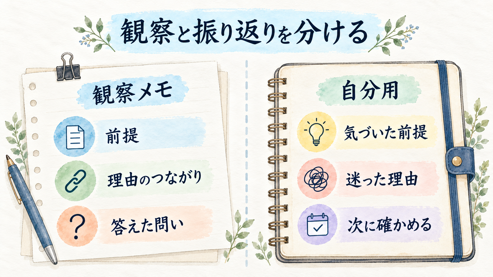 第三者の観察メモと本人の私的な振り返りを分ける図