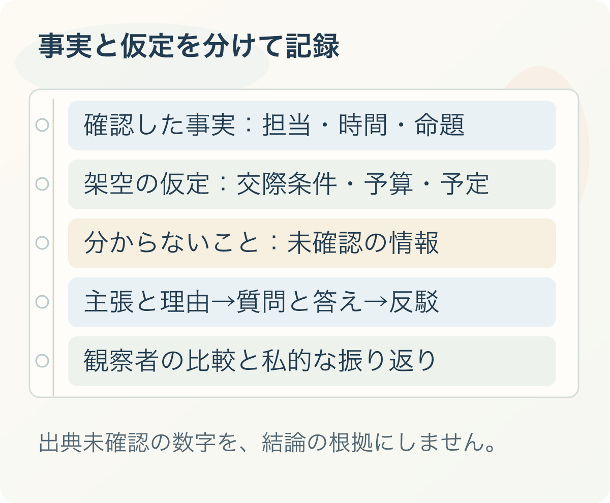事実と仮定を分けて記録:確認した事実:担当・時間・命題、架空の仮定:交際条件・予算・予定、分からないこと:未確認の情報、主張と理由→質問と答え→反駁、観察者の比較と私的な振り返り