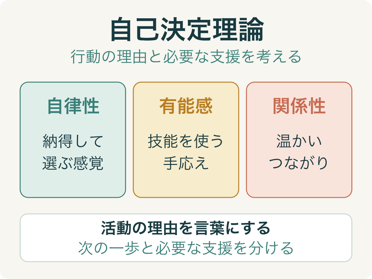 自己決定理論の3つの心理欲求。自律性は納得して選ぶ感覚、有能感は技能を使う手応え、関係性は温かいつながり。活動の理由と必要な支援を分けて考える。