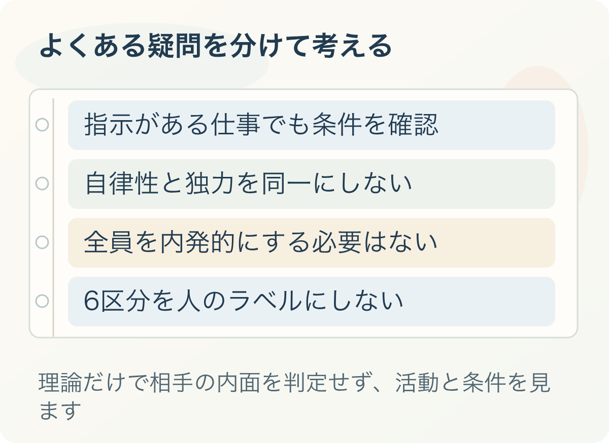 よくある疑問を分けて考える:指示がある仕事でも条件を確認、自律性と独力を同一にしない、全員を内発的にする必要はない、6区分を人のラベルにしない